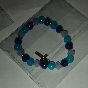 Blue Beaded Bracelet with Cross Charm